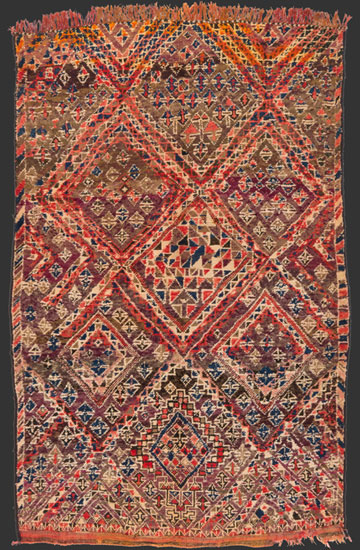 TM 2288, considerably old pile rug with fine structure + hyper dense drawing typical for the region of the Guigou valley in the heartland of the central Middle Atlas around Timahdite, most likely BeniMguild, Morocco, 1930s, 270 x 175 cm / 9' x 5' 10'', high resolution image + price on request